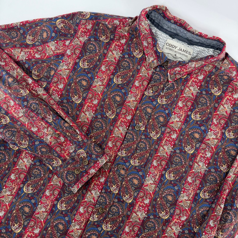 Cody James Button Down Shirt Mens Large Red Paisley Stripe Western Long Sleeve